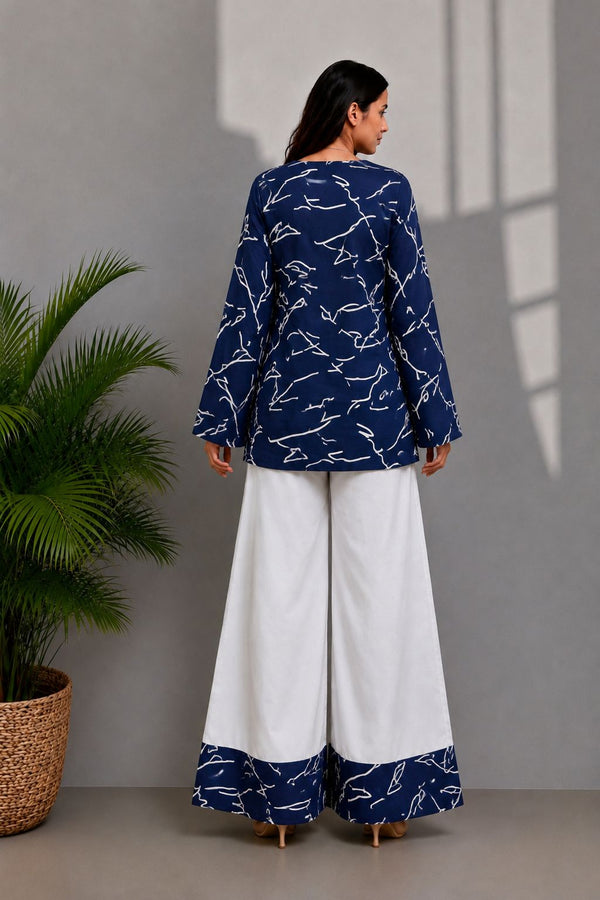 Women's Navy Abstract Print Kurti & White Palazzo Set