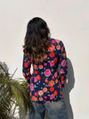 Women's Navy Floral Print Square-Neck Short Kurti