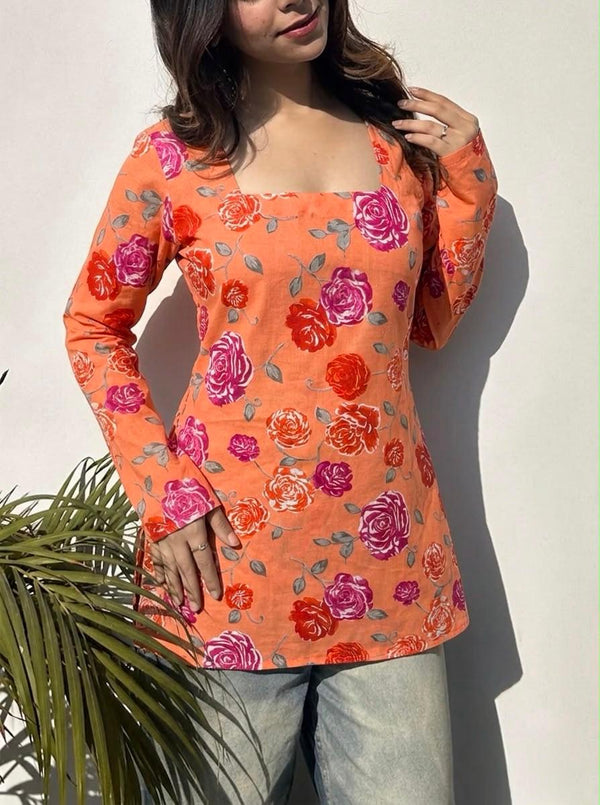 Women's Peach Floral Print Square-Neck Short Kurti