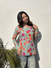 Women's Mint Floral Print Square-Neck Short Kurti