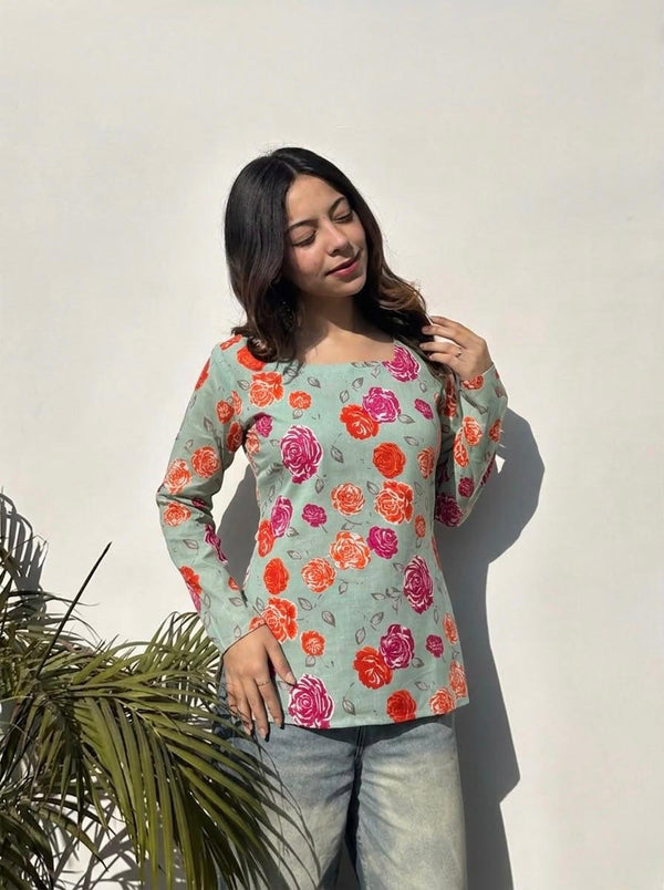 Women's Mint Floral Print Square-Neck Short Kurti