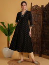 Women's Black Small Motif Print Flared Kurta & Beige Trouser Set