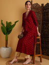 Women's Red Small Motif Print Flared Kurta & Beige Trouser Set