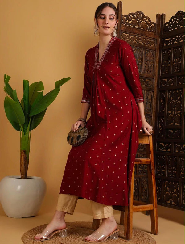 Women's Red Small Motif Print Flared Kurta & Beige Trouser Set