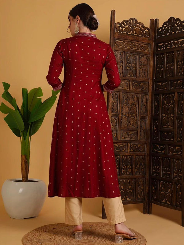 Women's Red Small Motif Print Flared Kurta & Beige Trouser Set