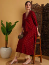 Women's Red Small Motif Print Flared Kurta & Beige Trouser Set