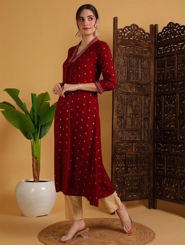 Women's Red Small Motif Print Flared Kurta & Beige Trouser Set