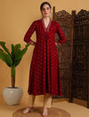 Women's Red Small Motif Print Flared Kurta & Beige Trouser Set