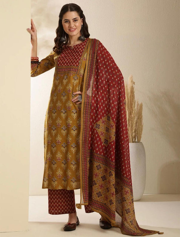 Women's Mustard & Rust Mixed Print Suit Set with Dupatta