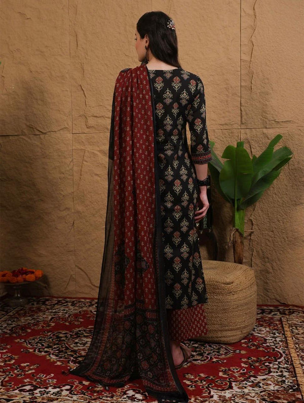Women's Black & Rust Mixed Print Suit Set with Dupatta