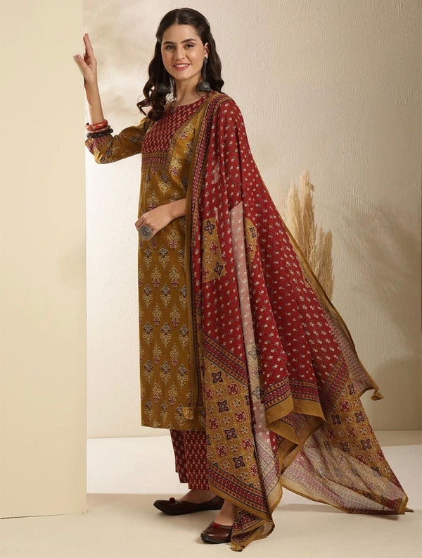 Women's Mustard & Rust Mixed Print Suit Set with Dupatta