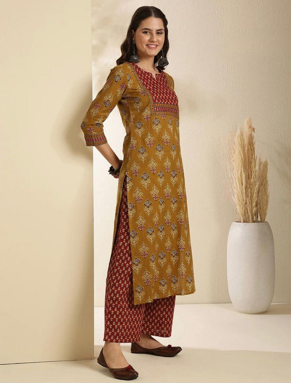 Women's Mustard & Rust Mixed Print Suit Set with Dupatta