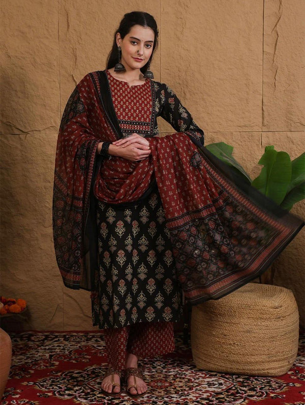 Women's Black & Rust Mixed Print Suit Set with Dupatta