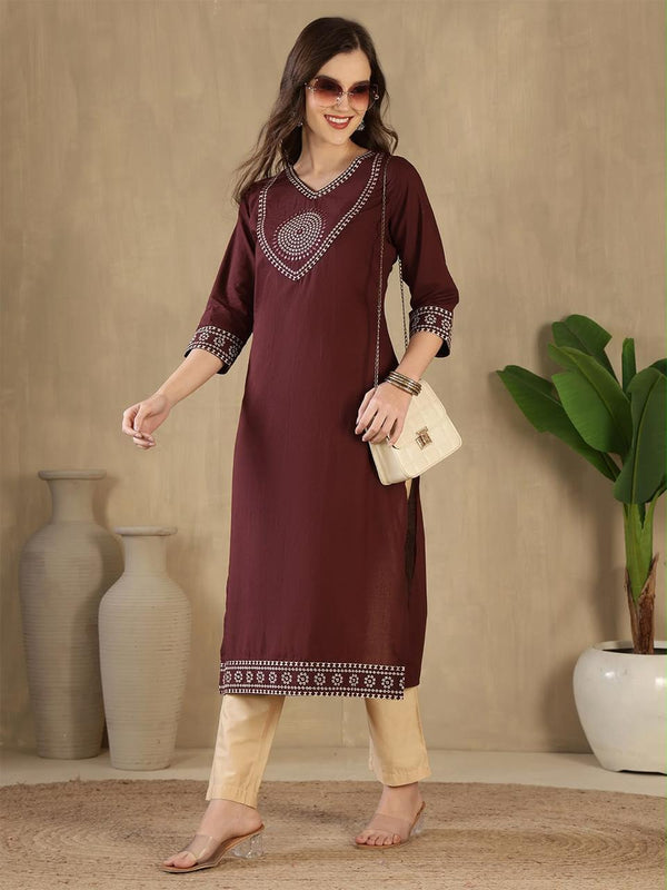 Women's Maroon Decorative-Yoke Kurta & Cream Trouser Set