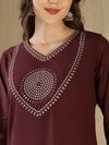 Women's Maroon Decorative-Yoke Kurta & Cream Trouser Set