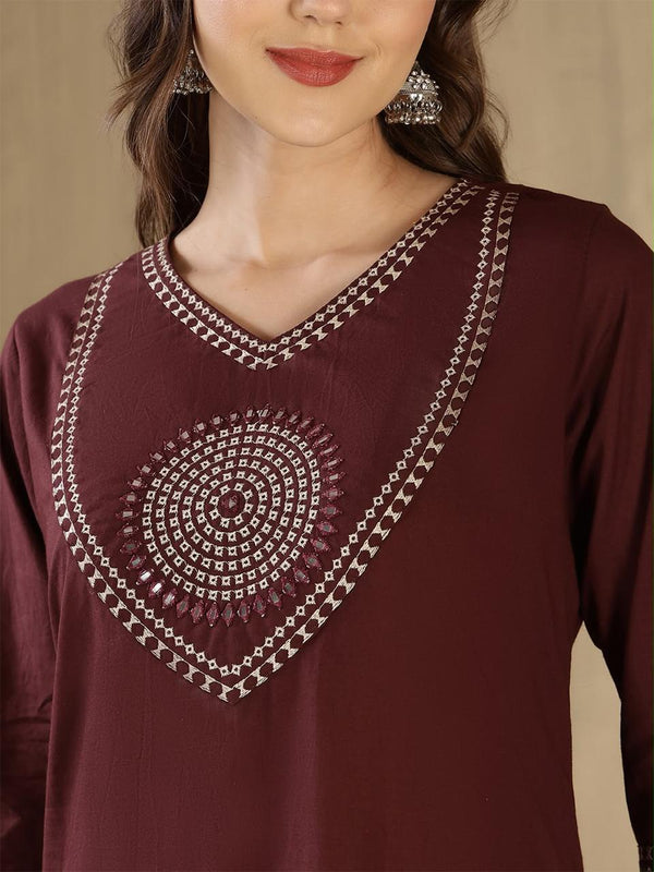 Women's Maroon Decorative-Yoke Kurta & Cream Trouser Set