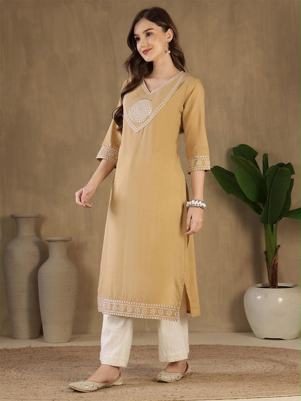 Women's Beige Decorative-Yoke Kurta & Ivory Palazzo Set
