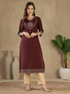 Women's Maroon Decorative-Yoke Kurta & Cream Trouser Set