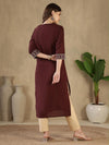 Women's Maroon Decorative-Yoke Kurta & Cream Trouser Set