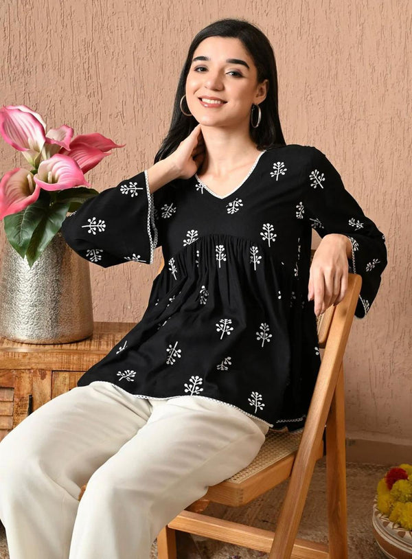 Women's Black & White Motif Print Peplum Top & Ivory Palazzo Set