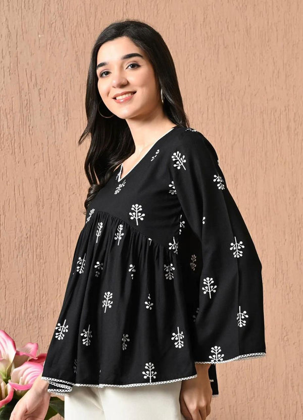 Women's Black & White Motif Print Peplum Top & Ivory Palazzo Set