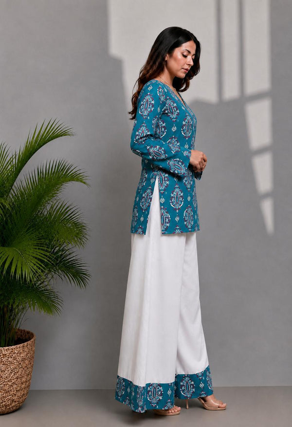 Women's Teal Ornamental Motif Print Kurti & White Palazzo Set