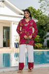 Women's Pink Botanical Print Kurti & White Palazzo Set