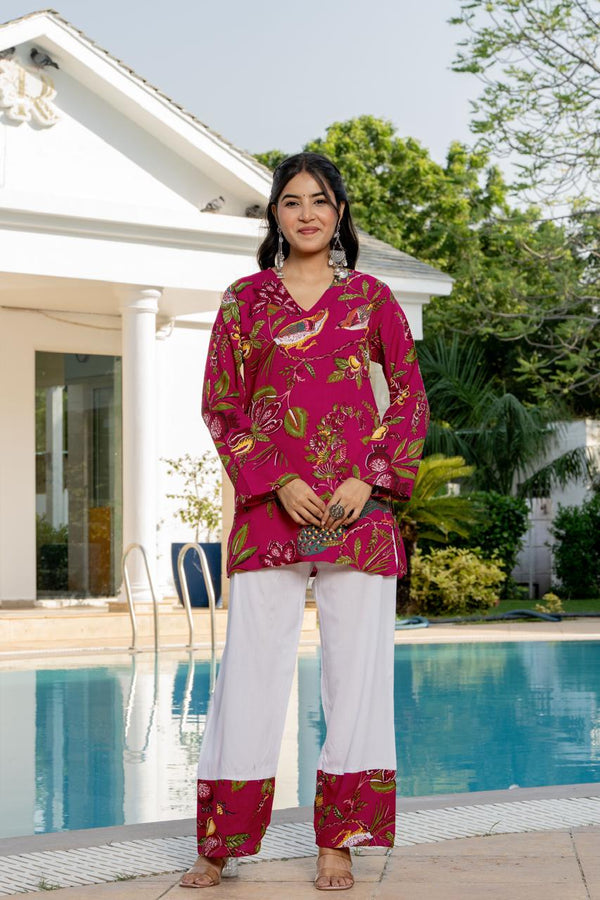 Women's Pink Botanical Print Kurti & White Palazzo Set