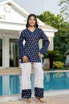 Women's Navy Motif Print Kurti & White Palazzo Set