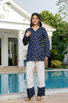 Women's Navy Motif Print Kurti & White Palazzo Set