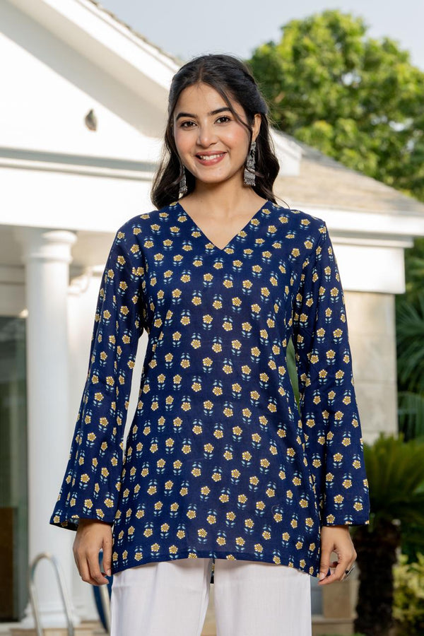 Women's Navy Motif Print Kurti & White Palazzo Set