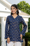 Women's Navy Motif Print Kurti & White Palazzo Set