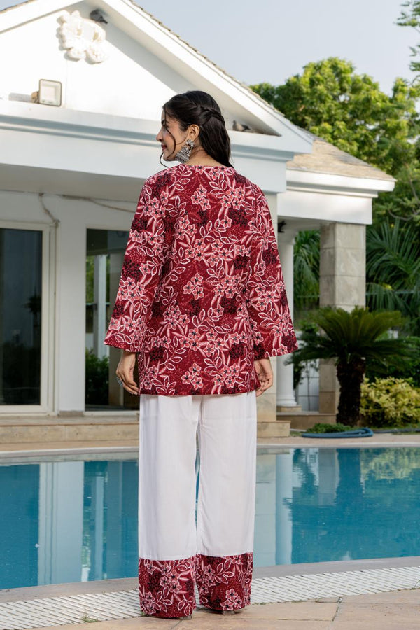 Women's Maroon Floral Print Kurti & White Palazzo Set