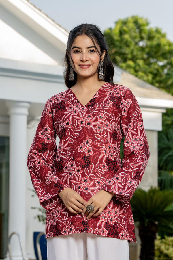 Women's Maroon Floral Print Kurti & White Palazzo Set