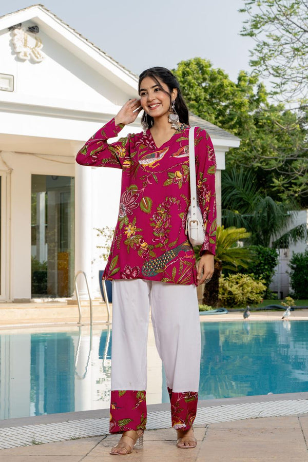 Women's Pink Botanical Print Kurti & White Palazzo Set