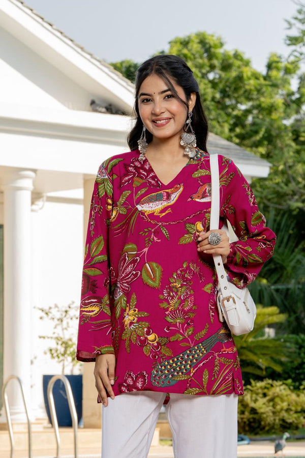 Women's Pink Botanical Print Kurti & White Palazzo Set