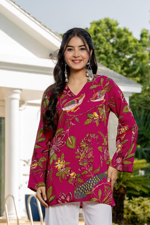 Women's Pink Botanical Print Kurti & White Palazzo Set