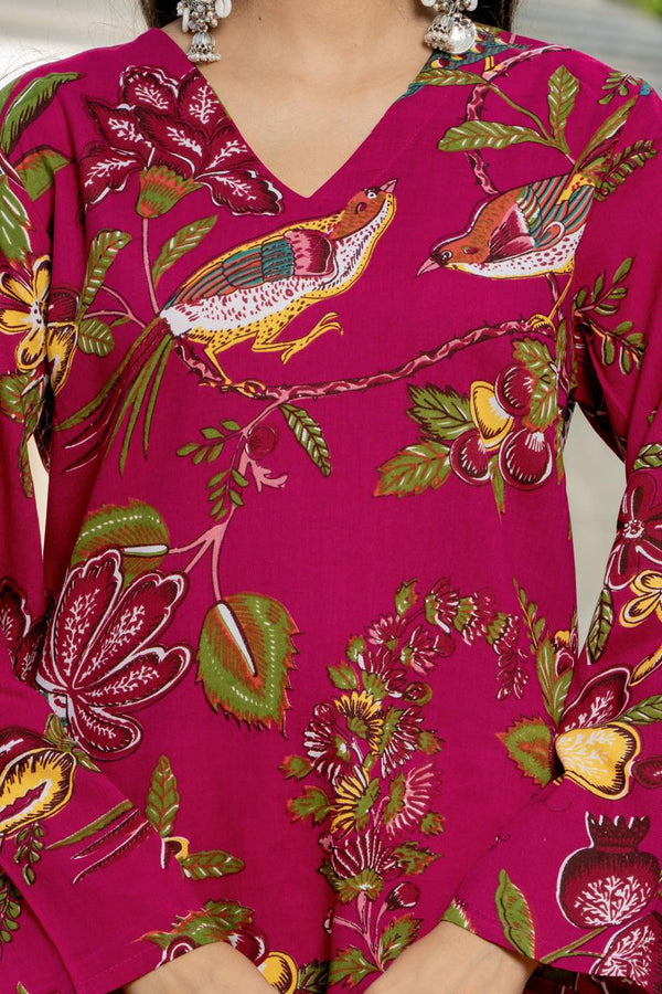 Women's Pink Botanical Print Kurti & White Palazzo Set