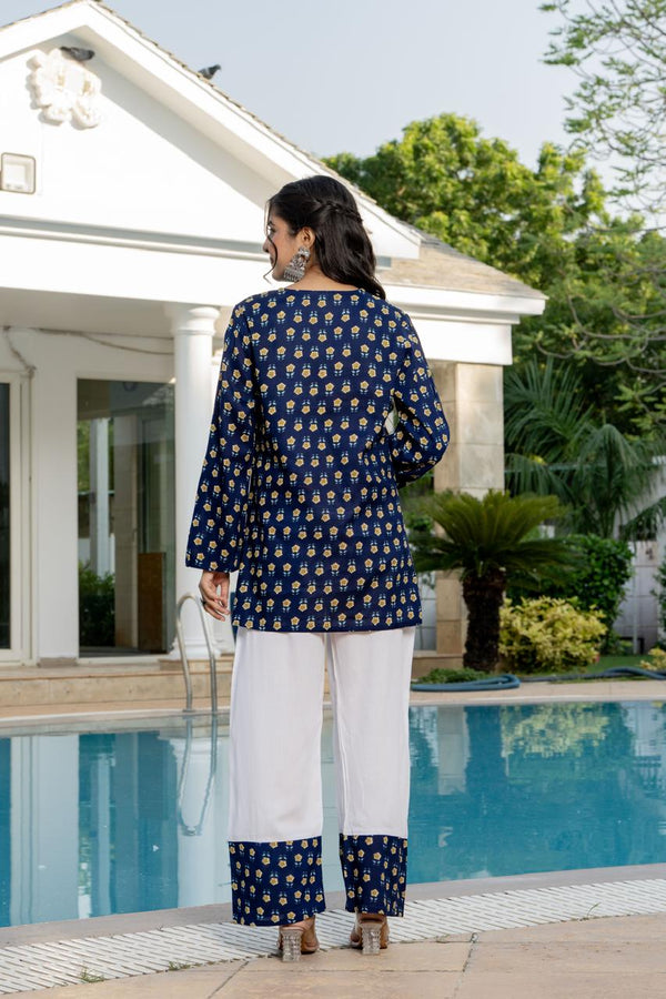 Women's Navy Motif Print Kurti & White Palazzo Set