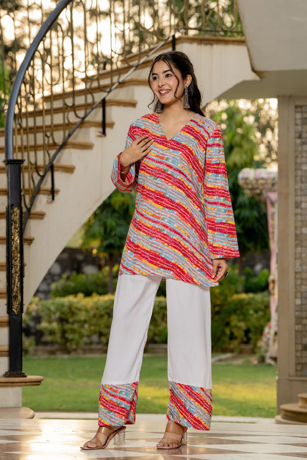 Women's Multicolour Stripe Print Kurti & White Palazzo Set