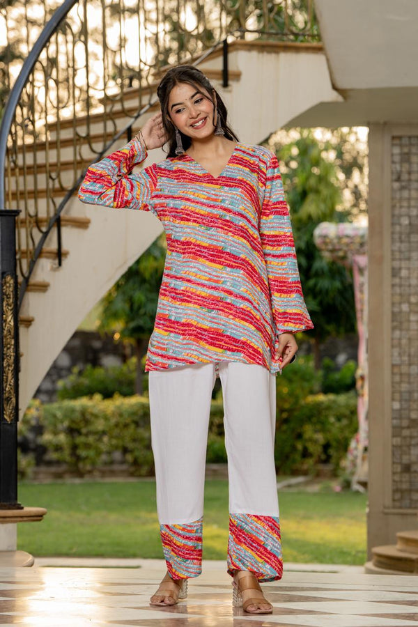 Women's Multicolour Stripe Print Kurti & White Palazzo Set
