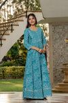 Women's Turquoise Mixed Print Flared Maxi Dress