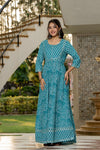 Women's Turquoise Mixed Print Flared Maxi Dress