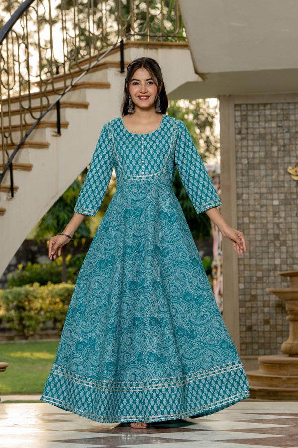 Women's Turquoise Mixed Print Flared Maxi Dress