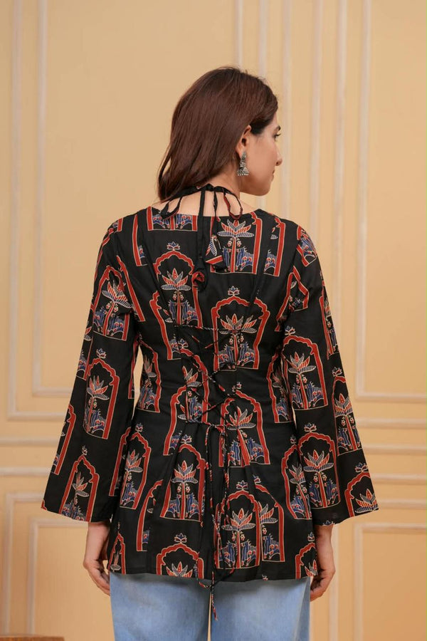 Women's Black Botanical Arch Print Short Kurti