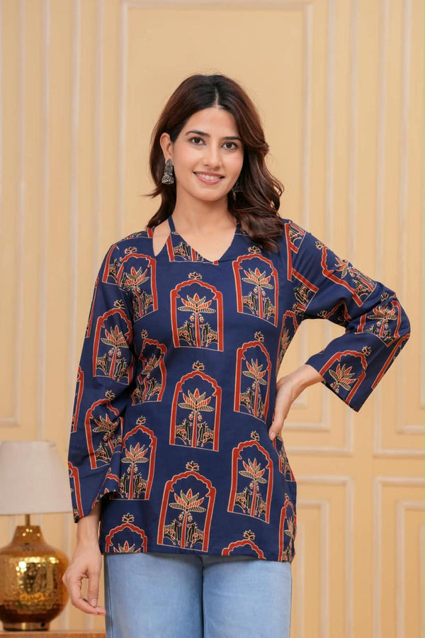 Women's Navy Botanical Arch Print Short Kurti