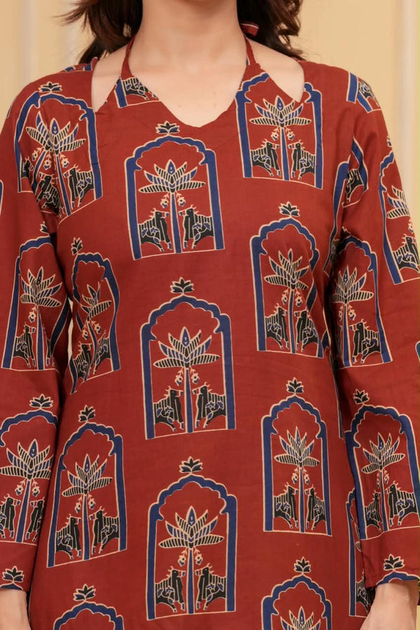 Women's Rust Botanical Arch Print Short Kurti