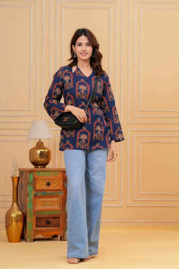 Women's Navy Botanical Arch Print Short Kurti