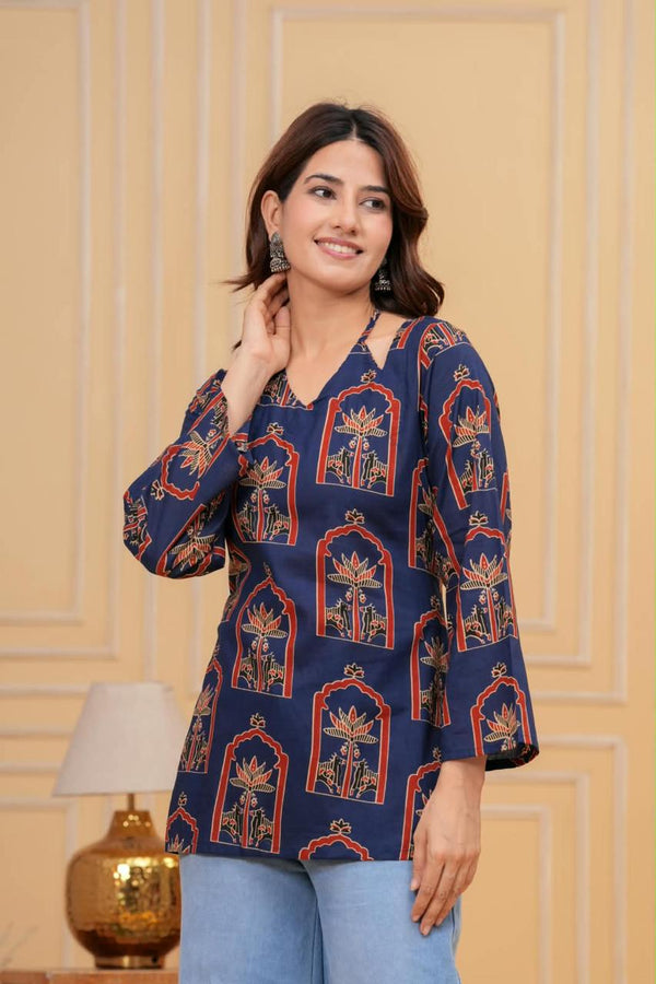Women's Navy Botanical Arch Print Short Kurti