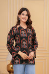 Women's Black Botanical Arch Print Short Kurti